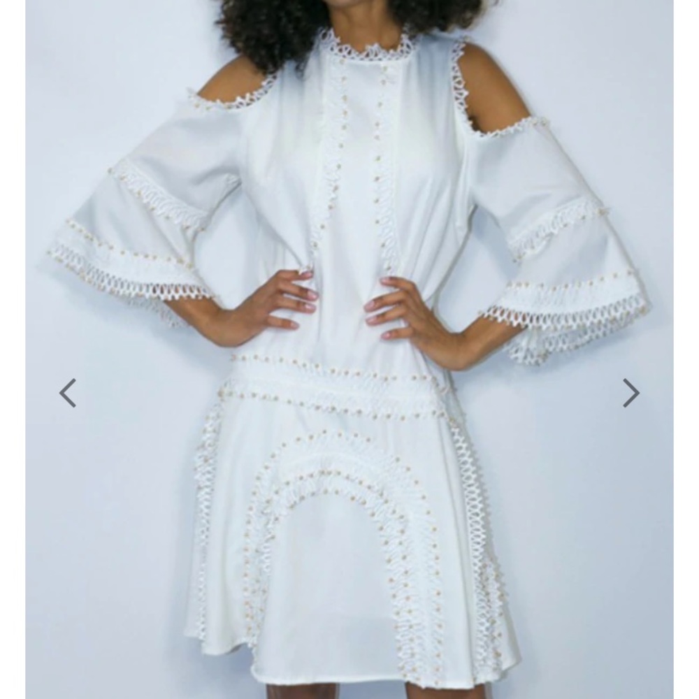 White Cold Shoulder Dress with gold pearls M